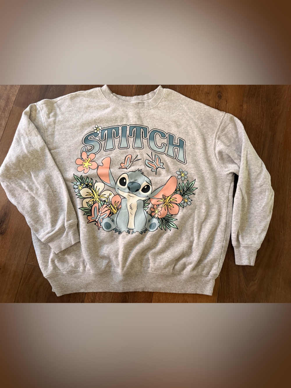 Disney Stitch Floral Graphic Crewneck - Light Gray with Pastel Accents - Size XL
